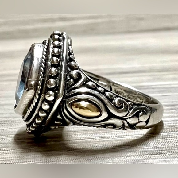 Vintage Designer (M ID) Sterling Silver & Gold Accented Blue Topaz Ring - Picture 3 of 11